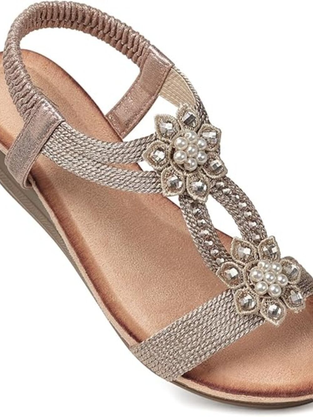 Womens Wedge Sandals Flower Low Heel Dressy Sandals Elastic Ankle Strap Rhinesto